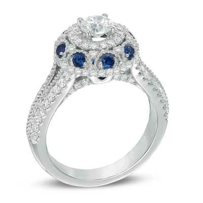 Previously Owned - Vera Wang Love Collection 1.17 CT. T.W. Diamond and Blue Sapphire Frame Ring in 14K White Gold