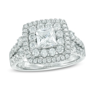 Previously Owned - 1.75 CT. T.W. Princess-Cut Diamond Double Frame Two Row Engagement Ring in 14K White Gold