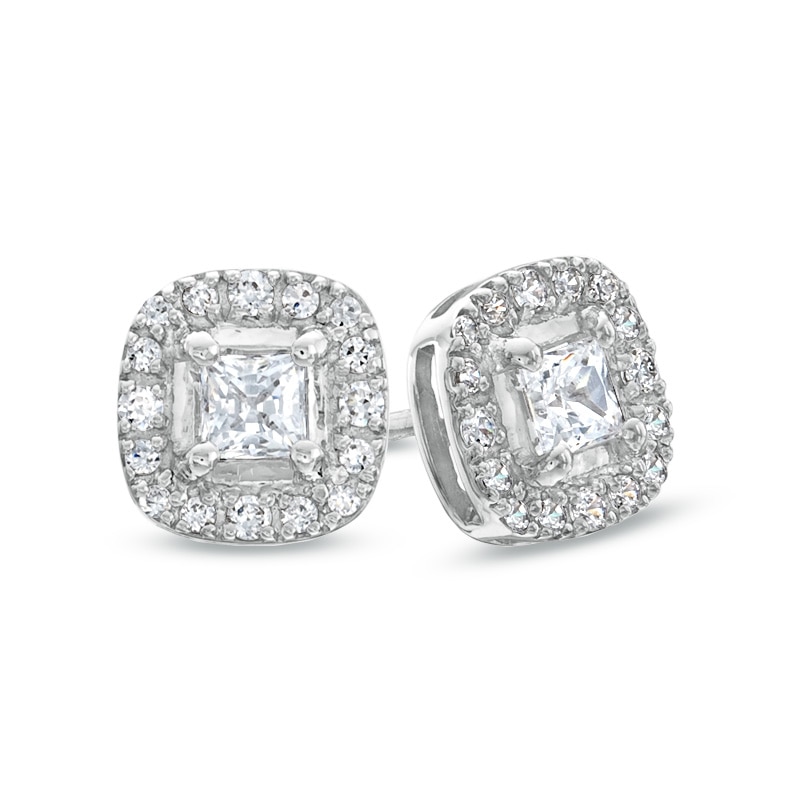 Previously Owned - 0.40 CT. T.W. Princess-Cut Diamond Frame Stud Earrings in 14K White Gold (I/I2)