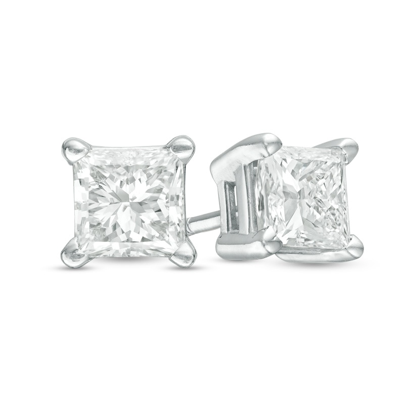 Main Image 1 of Previously Owned - 0.10 CT. T.W. Princess-Cut Diamond Solitaire Stud Earrings in 14K White Gold