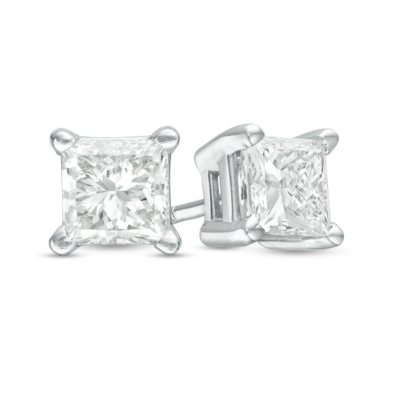 Main Image 1 of Previously Owned - 2.00 CT. T.W. Princess-Cut Diamond Solitaire Stud Earrings in 14K White Gold (J/I2)