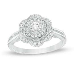 Previously Owned - 0.30 CT. T.W. Diamond Flower Frame Vintage-Style Engagement Ring in 14K White Gold