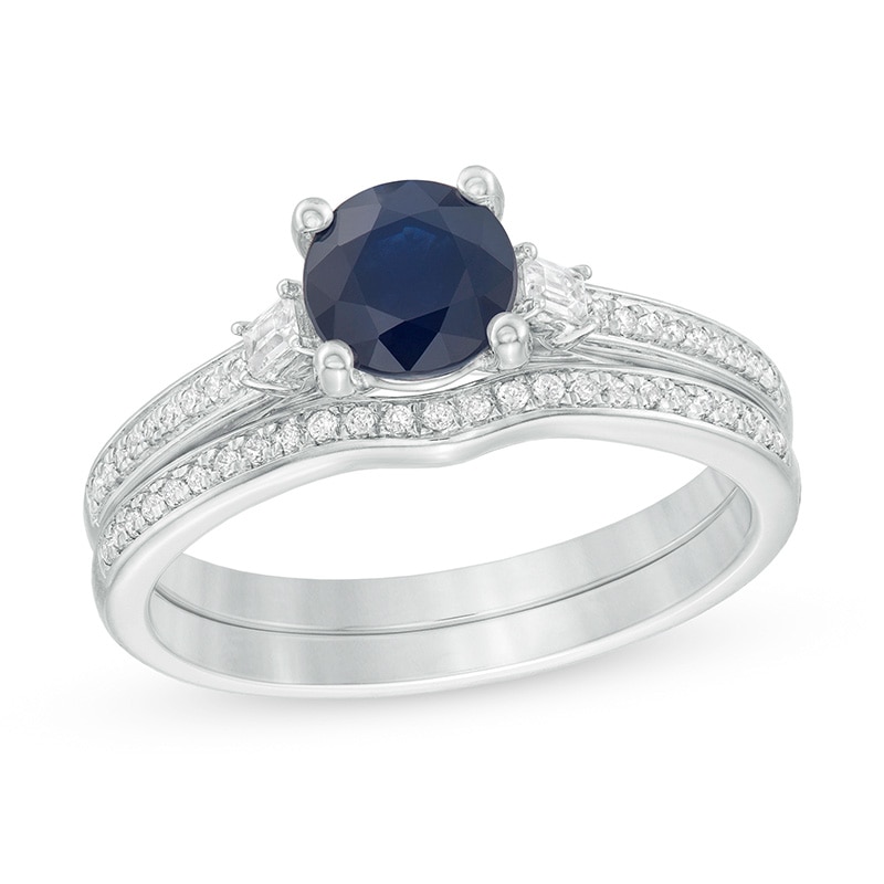 Previously Owned - 6.0mm Blue Sapphire and 0.20 CT. T.W. Diamond Bridal Set in 14K White Gold|Peoples Jewellers