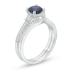 Previously Owned - 6.0mm Blue Sapphire and 0.20 CT. T.W. Diamond Bridal Set in 14K White Gold