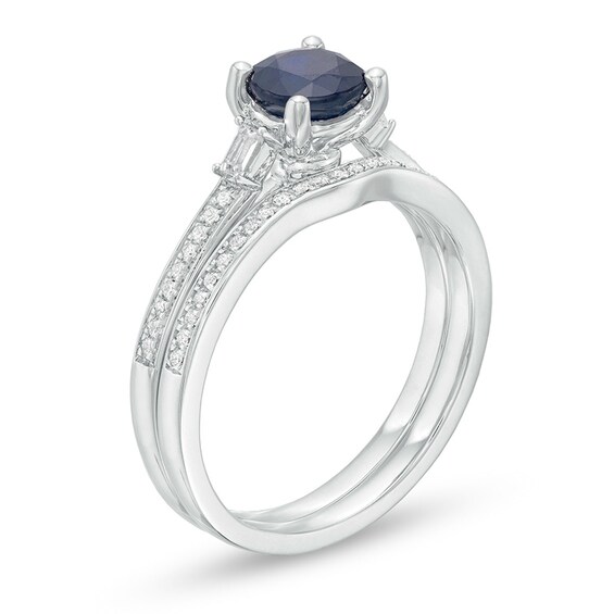 Previously Owned - 6.0mm Blue Sapphire and 0.20 CT. T.W. Diamond Bridal Set in 14K White Gold