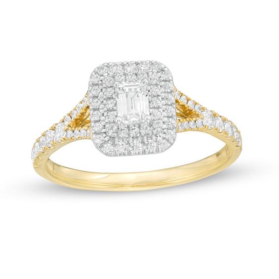 Previously Owned - 0.75 CT. T.W. Emerald-Cut Diamond Double Frame Split Shank Engagement Ring in 14K Two-Tone Gold