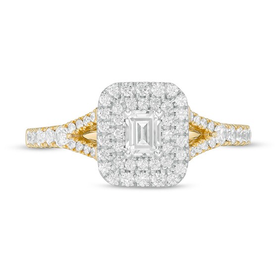 Previously Owned - 0.75 CT. T.W. Emerald-Cut Diamond Double Frame Split Shank Engagement Ring in 14K Two-Tone Gold