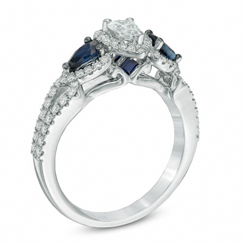 Previously Owned - Vera Wang Love Collection 0.70 CT. T.W. Pear-Shaped Diamond and Blue Sapphire Ring in 14K White Gold
