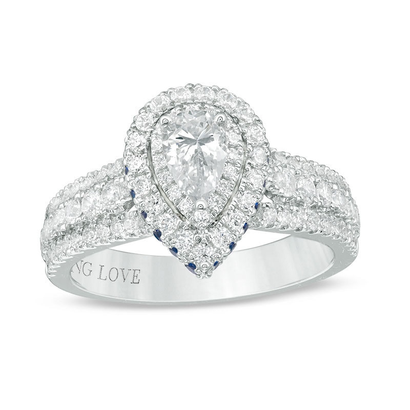 Previously Owned - Vera Wang Love Collection 0.95 CT. T.W. Pear-Shaped Diamond and Sapphire Frame Ring in 14K White Gold