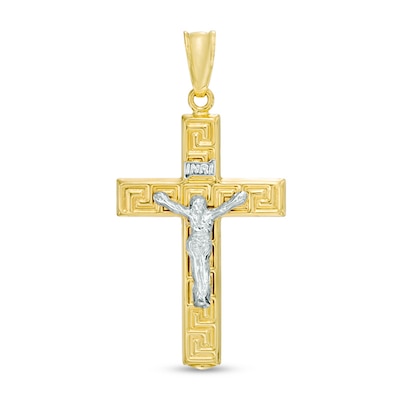 Previously Owned - Greek Key Crucifix Necklace Charm in Hollow 10K Two-Tone Gold