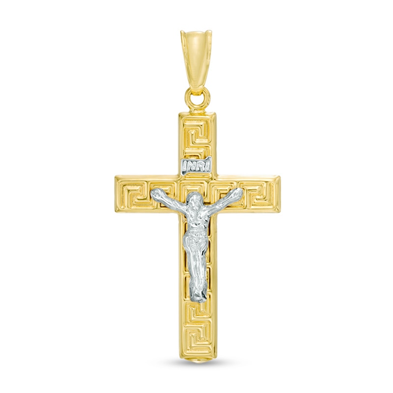 Previously Owned - Greek Key Crucifix Necklace Charm in Hollow 10K Two-Tone Gold|Peoples Jewellers