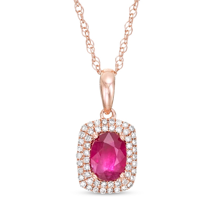 Previously Owned - Oval Ruby and 0.15 CT. T.W. Diamond Cushion-Shaped Double Frame Pendant in 10K Rose Gold|Peoples Jewellers