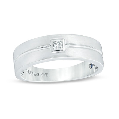 Previously Owned - Vera Wang Love Collection Men’s 0.07 CT. Square Diamond Centre Groove Wedding Band in 14K White Gold