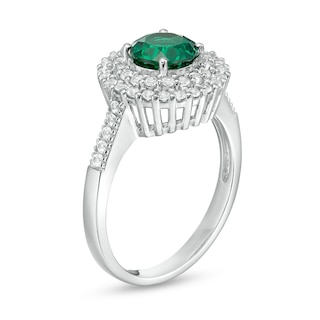 Previously Owned - 6.5mm Lab-Created Emerald and White Lab-Created Sapphire Double Frame Ring in Sterling Silver