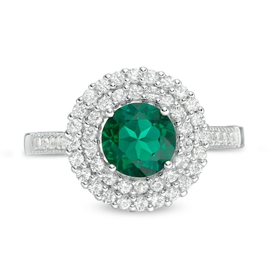 Previously Owned - 6.5mm Lab-Created Emerald and White Lab-Created Sapphire Double Frame Ring in Sterling Silver