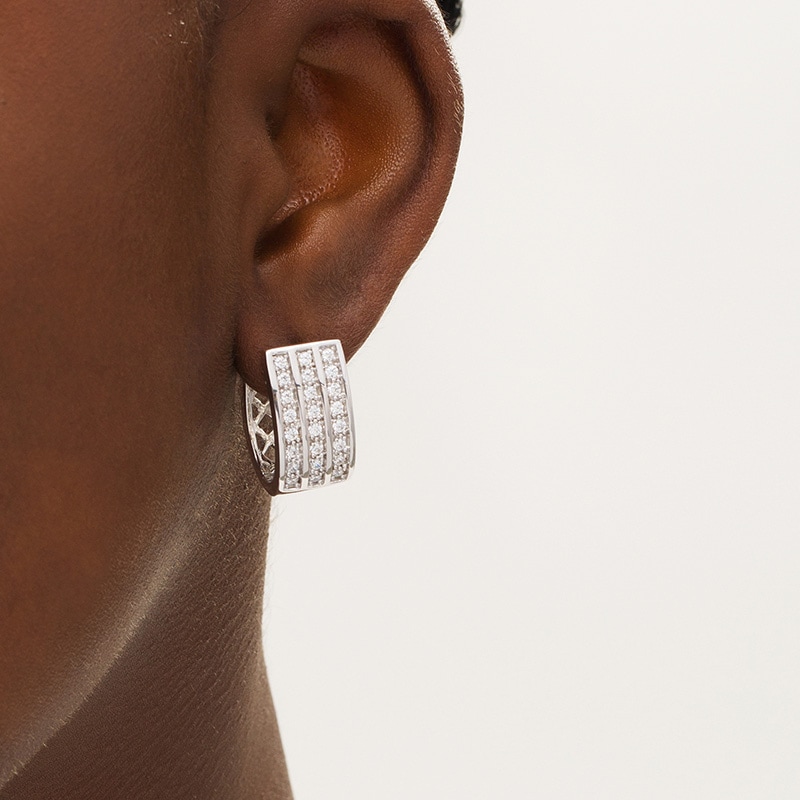 Previously Owned - 1.00 CT. T.W. Diamond Triple Row Huggie Hoop Earrings in Sterling Silver|Peoples Jewellers