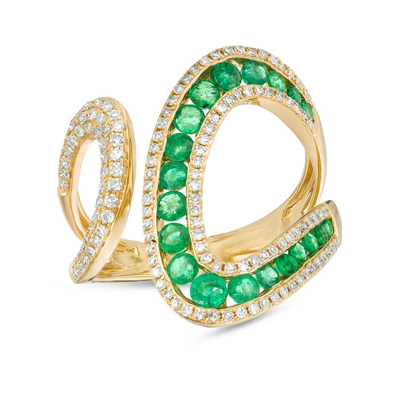 Previously Owned - EFFY™ Collection Emerald and 0.43 CT. T.W. Diamond Open Loop Shank Wrap Ring in 14K Gold|Peoples Jewellers