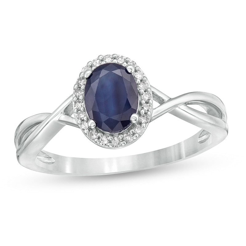 Main Image 1 of Previously Owned - Oval Blue Sapphire and 0.08 CT. T.W. Diamond Frame Twist Shank Ring in 10K White Gold