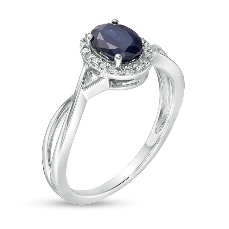 Main Image 3 of Previously Owned - Oval Blue Sapphire and 0.08 CT. T.W. Diamond Frame Twist Shank Ring in 10K White Gold