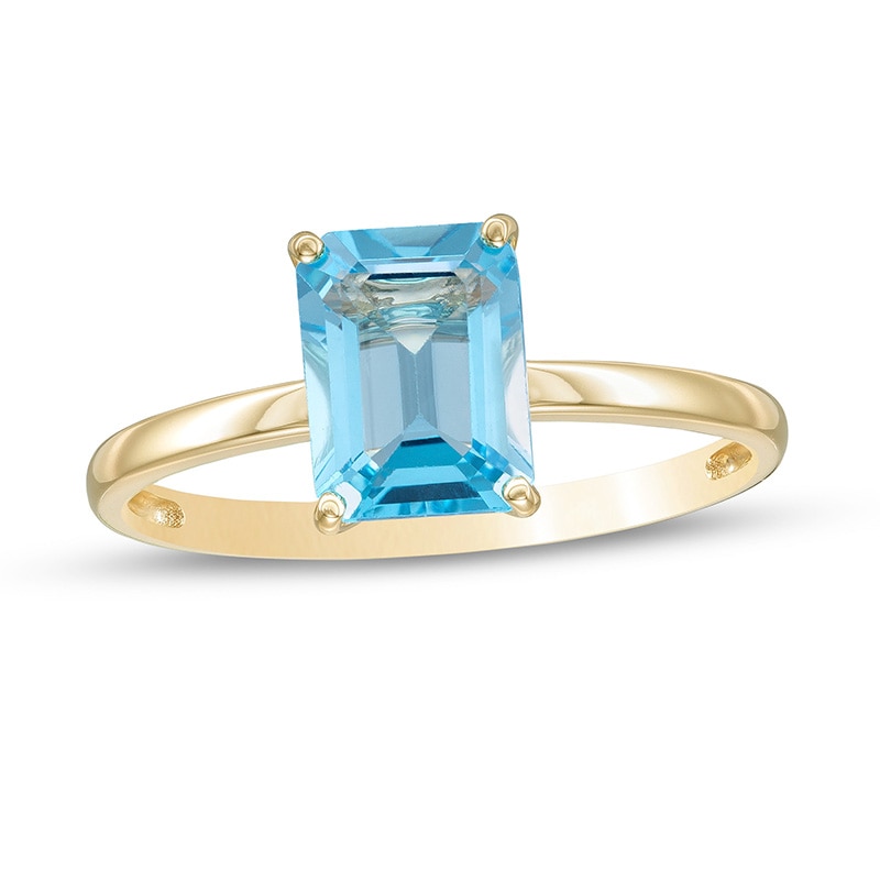 Main Image 1 of Previously Owned - Emerald-Cut Swiss Blue Topaz Solitaire Ring in 10K Gold