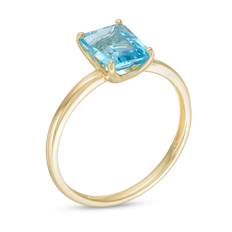 Main Image 3 of Previously Owned - Emerald-Cut Swiss Blue Topaz Solitaire Ring in 10K Gold