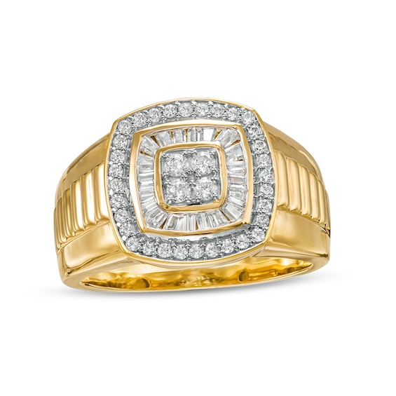 Previously Owned - Men's 0.70 CT. T.W. Quad Diamond Double Frame Ribbed Ring in 10K Gold