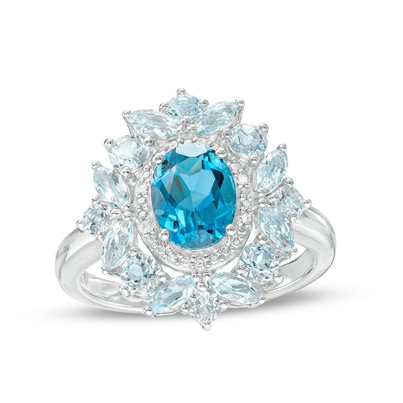 Previously Owned - Oval London and Sky Blue Topaz with Diamond Accent Petal Frame Flower Ring in Sterling Silver