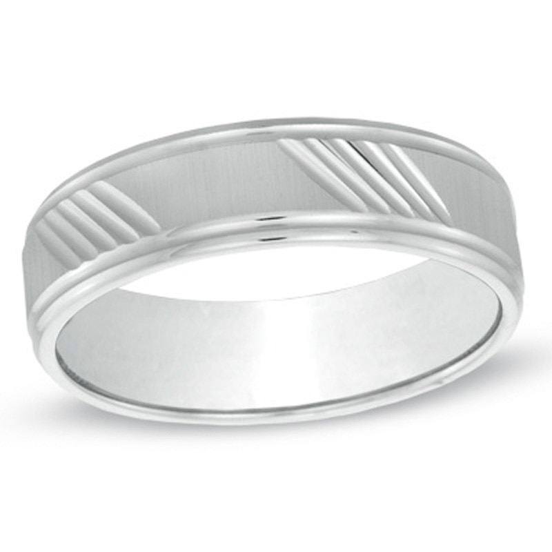 Previously Owned - Men's 6.0mm Diagonal Lines Wedding Band in 10K White Gold - Size 10