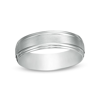 Previously Owned - Men's 6.0mm Satin Stepped Edge Wedding Band in 14K White Gold - Size 10