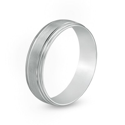 Previously Owned - Men's 6.0mm Satin Stepped Edge Wedding Band in 14K White Gold - Size 10