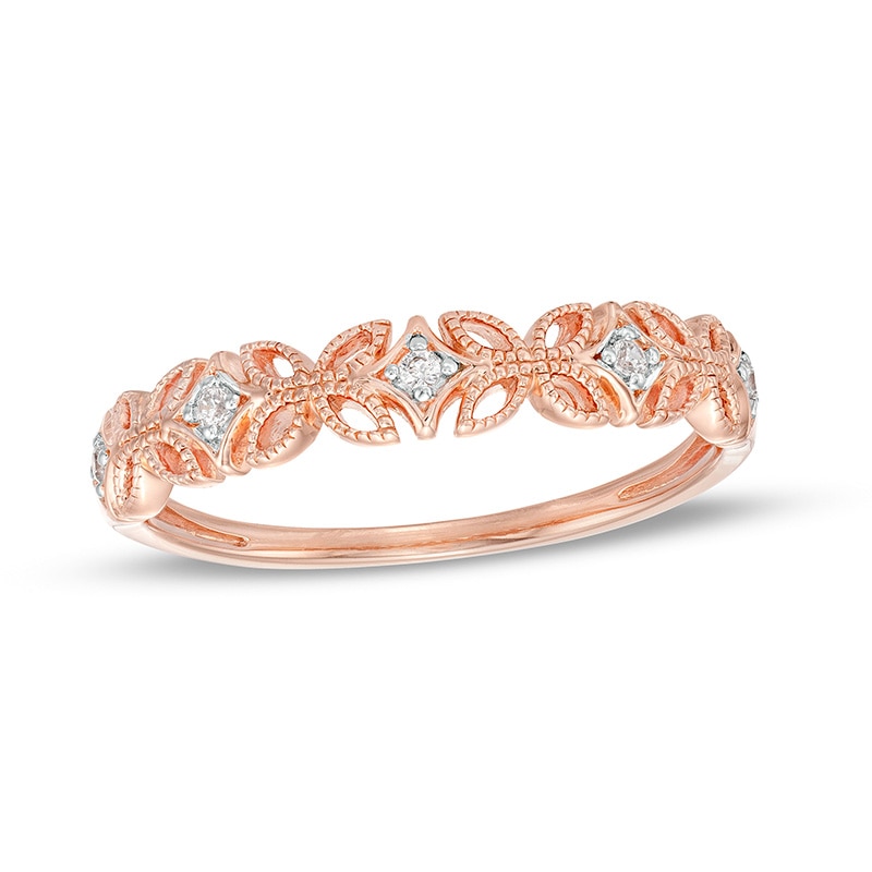 Main Image 1 of Previously Owned - Diamond Accent Art Deco Floral Pattern Vintage-Style Wedding Band in 10K Rose Gold