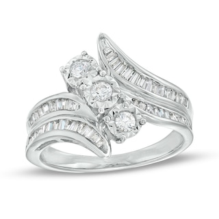 Previously Owned - 1.00 CT. T.W. Diamond Past Present Future® Slant Double Row Bypass Engagement Ring in 10K White Gold