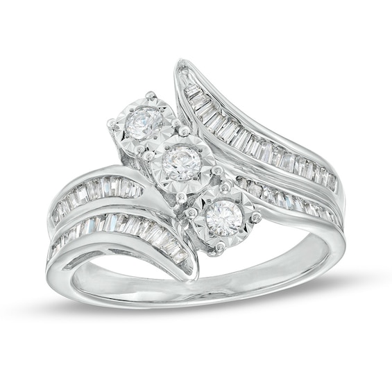 Previously Owned - 1.00 CT. T.W. Diamond Past Present Future® Slant Double Row Bypass Engagement Ring in 10K White Gold