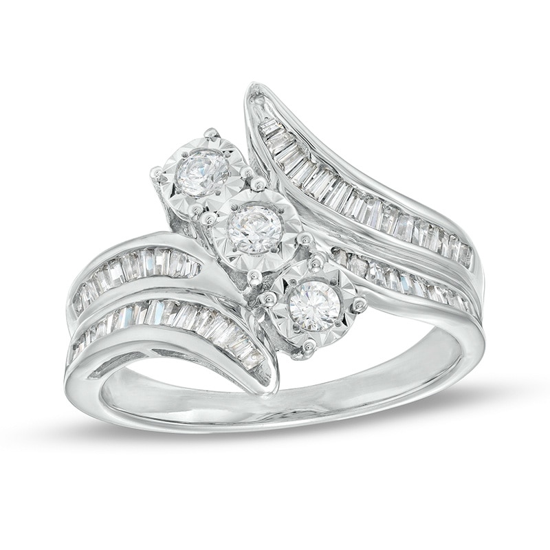 Previously Owned - 1.00 CT. T.W. Diamond Past Present Future® Slant Double Row Bypass Engagement Ring in 10K White Gold|Peoples Jewellers