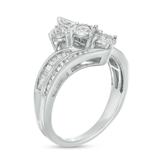 Previously Owned - 1.00 CT. T.W. Diamond Past Present Future® Slant Double Row Bypass Engagement Ring in 10K White Gold