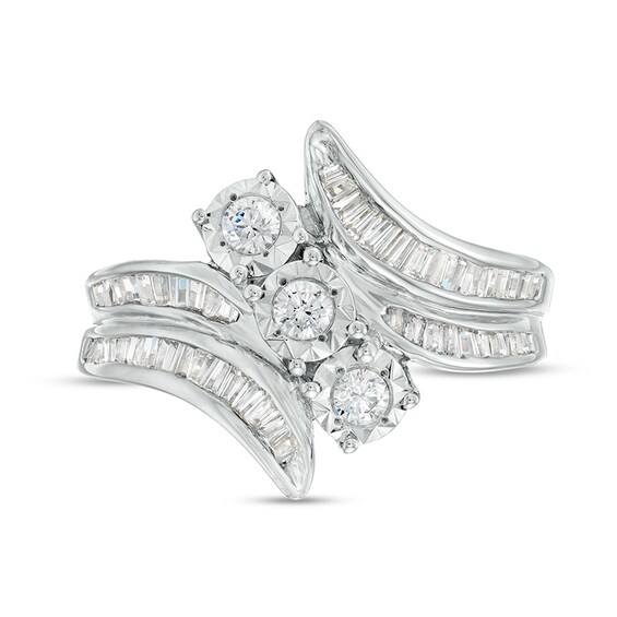 Previously Owned - 1.00 CT. T.W. Diamond Past Present Future® Slant Double Row Bypass Engagement Ring in 10K White Gold