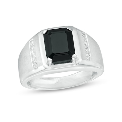 Previously Owned Men's Emerald-Cut Faceted Onyx and Diamond Accent Ring in Sterling Silver