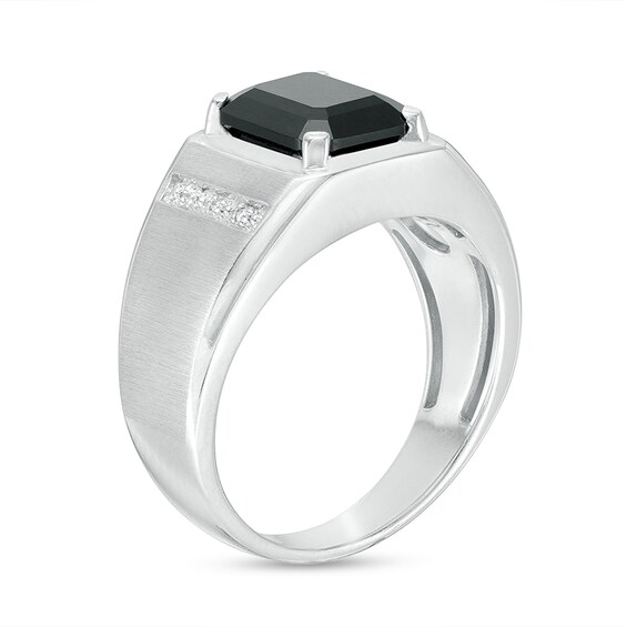 Previously Owned Men's Emerald-Cut Faceted Onyx and Diamond Accent Ring in Sterling Silver