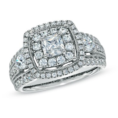 Previously Owned - 1.75 CT. T.W. Princess-Cut Diamond Double Frame Engagement Ring in 14K White Gold