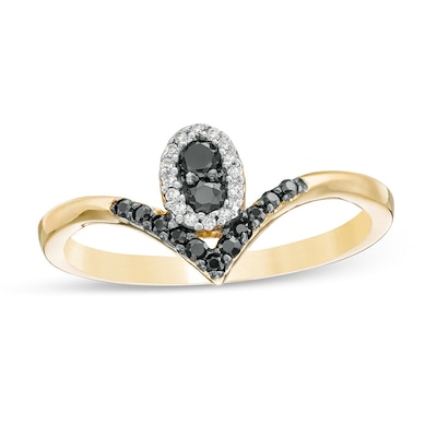 Previously Owned - 0.20 CT. T.W. Black and White Composite Diamond Oval Frame Chevron Ring in 10K Gold