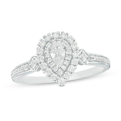 Previously Owned - 0.50 CT. T.W. Pear-Shaped Diamond Double Frame Engagement Ring in 14K White Gold - Size 7