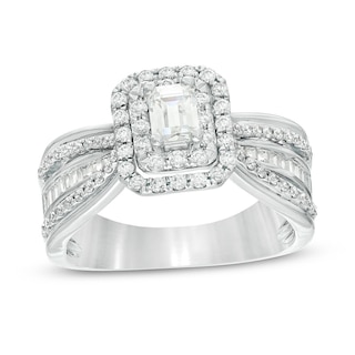 Previously Owned - 0.95 CT. T.W. Emerald-Cut Diamond Frame Multi-Row Engagement Ring in 14K White Gold (I/SI2)