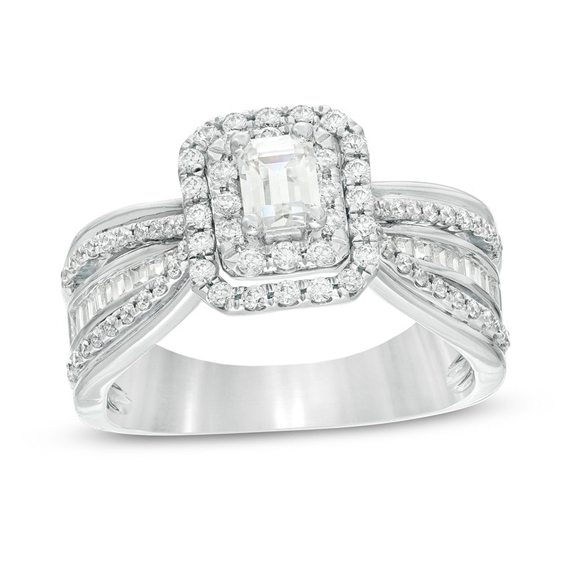 Previously Owned - 0.95 CT. T.W. Emerald-Cut Diamond Frame Multi-Row Engagement Ring in 14K White Gold (I/SI2)|Peoples Jewellers