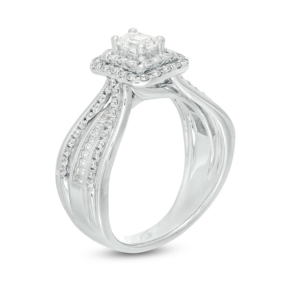 Previously Owned - 0.95 CT. T.W. Emerald-Cut Diamond Frame Multi-Row Engagement Ring in 14K White Gold (I/SI2)