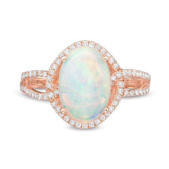 Previously Owned - EFFY™ Collection Oval Opal and 0.33 CT. T.W. Diamond Frame Interlocking Ring in 14K Rose Gold