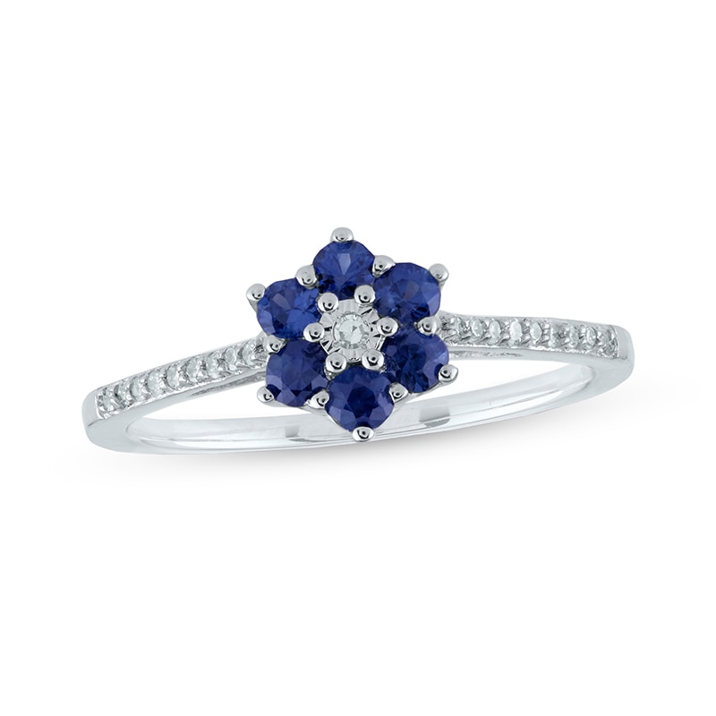 Previously Owned - Blue Sapphire and 0.07 CT. T.W. Diamond Petal Frame Flower Ring in 10K White Gold|Peoples Jewellers