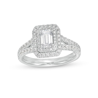 Previously Owned - 1.18 CT. T.W. Emerald-Cut Diamond Double Frame Split Shank Engagement Ring in 14K White Gold