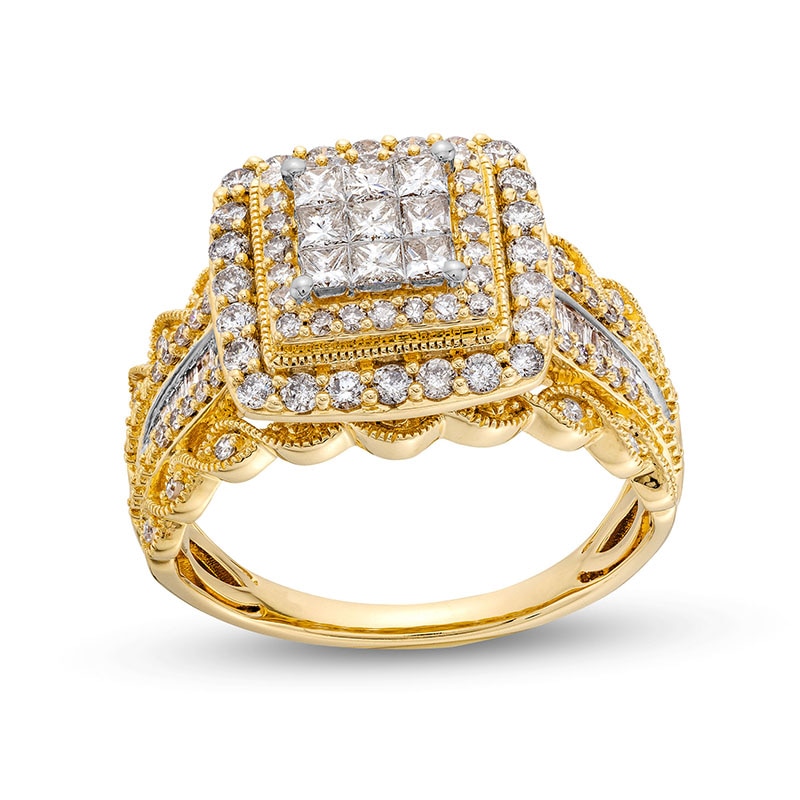 Previously Owned - 1.00 CT. T.W. Princess-Cut Multi-Diamond Double Frame Vintage-Style Engagement Ring in 10K Gold