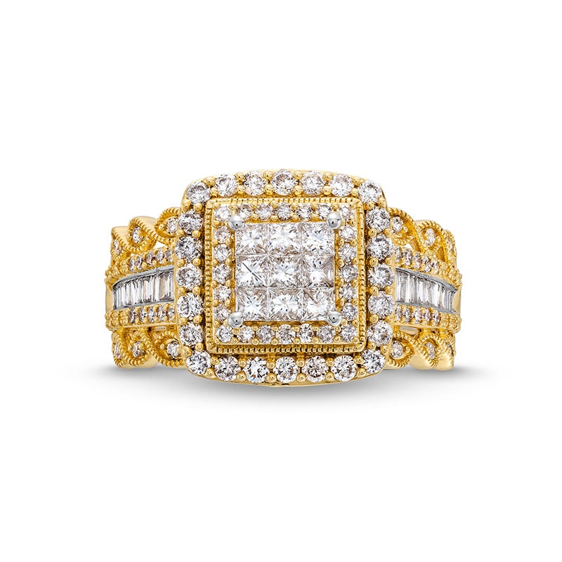 Previously Owned - 1.00 CT. T.W. Princess-Cut Multi-Diamond Double Frame Vintage-Style Engagement Ring in 10K Gold
