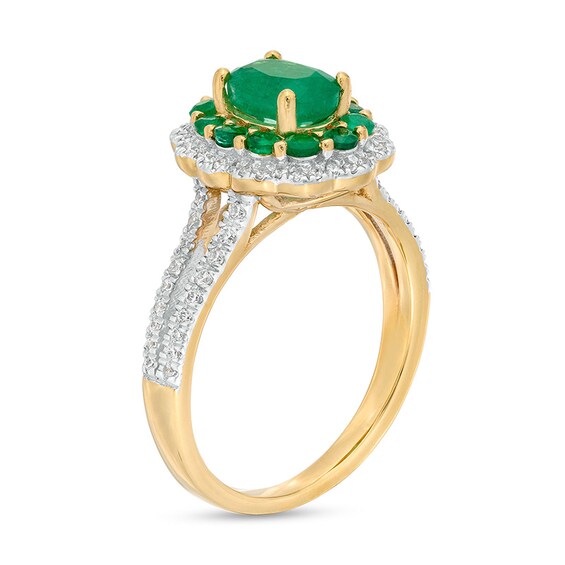 Previously Owned - Oval Emerald and 0.25 CT. T.W. Diamond Double Scallop Frame Ring in 10K Gold